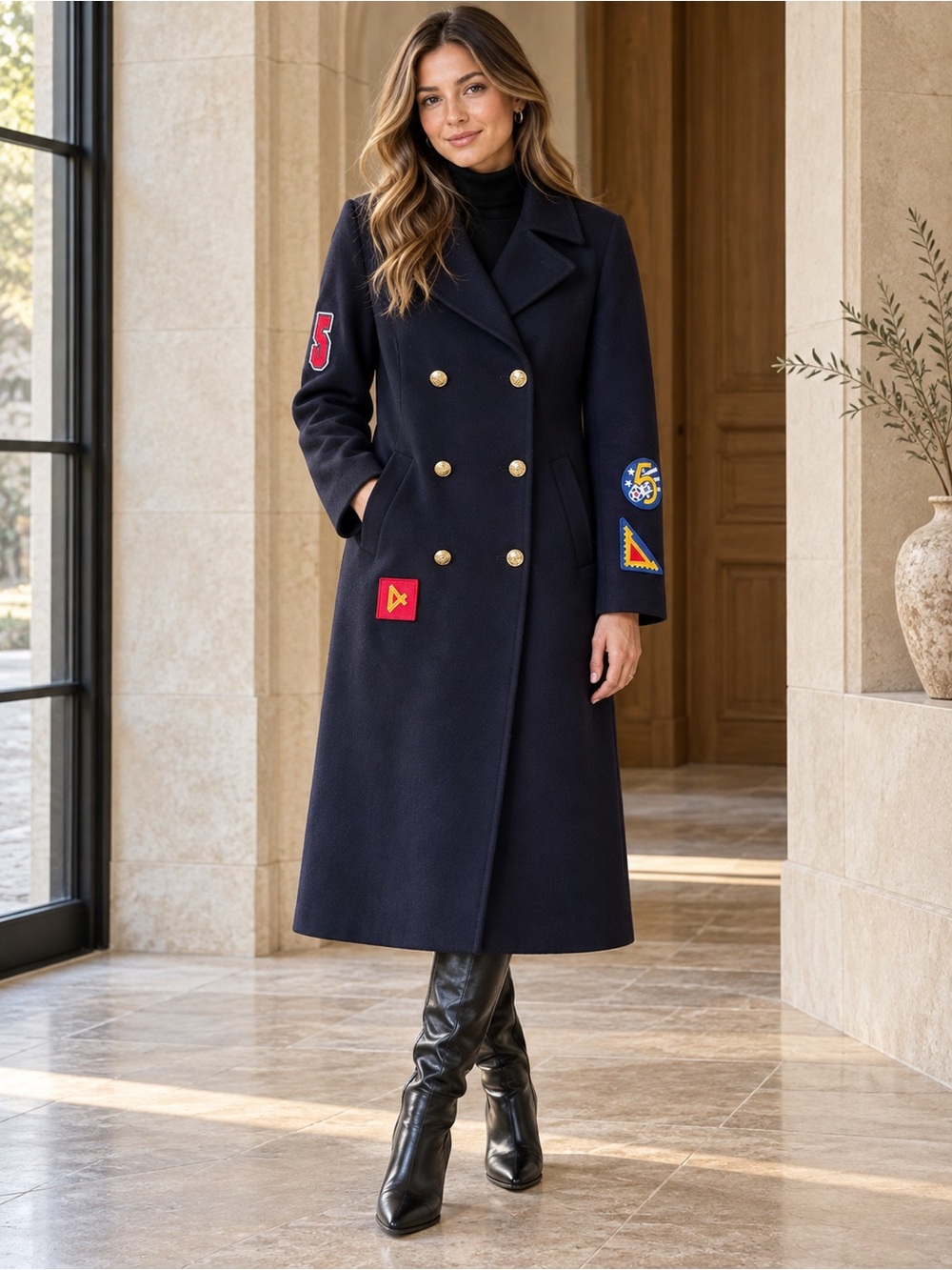 Rebecca Minkoff Navy Patchwork Longline Double Breasted Coat M Artsy Preppy